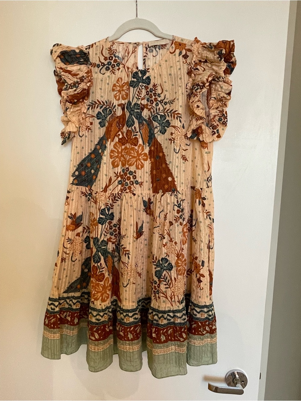 Ulla Johnson Peach Print Floral Ruffle-Sleeve Mini Dress